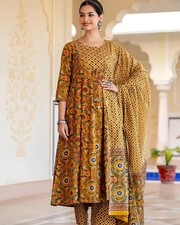 Floral Print Cotton Anarkali Suit Set, with Matching Dupatta and Bottoms