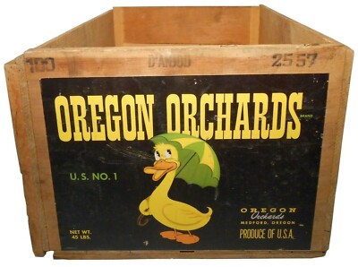 OREGON ORCHARDS D'ANJOU PEARS VINT WOOD BOX FRUIT AD SHIPPING CRATE W/PAPER LBL