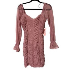 Haute Monde junior small ruched mesh mini dress long sleeve sweetheart neckline
