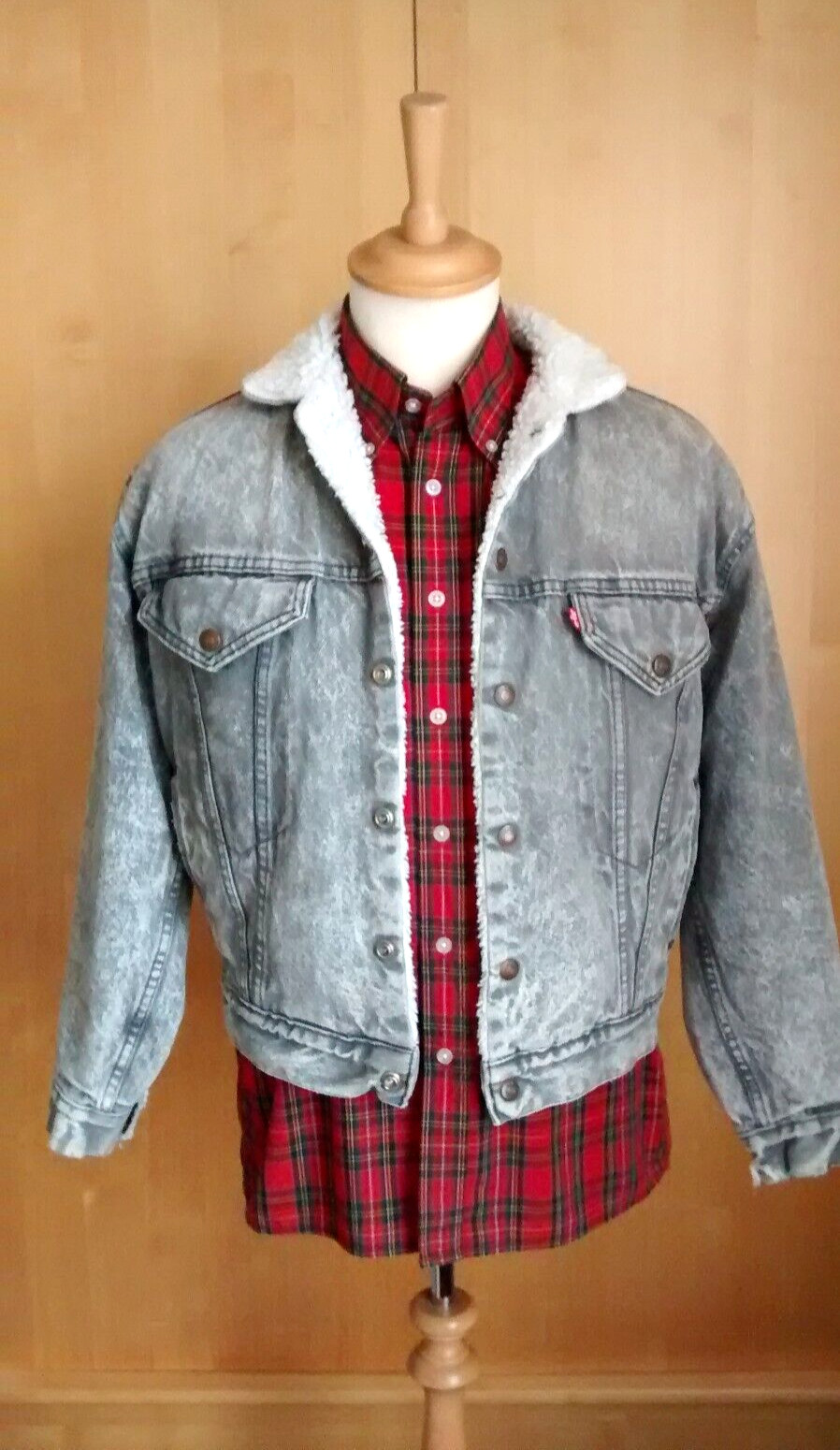 CHAQUETA DE CAMIONERO DE COLECCIÓN LEVI SHERPA SLIM FIT GRANDE GRIS LAVADA A LA PIEDRA HECHA EN EE. UU.
