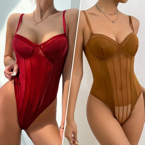 Womens High Cut Bodysuit Sleeveless One-piece Lace Patchwork Leotard Party Club - Picture 3 of 28