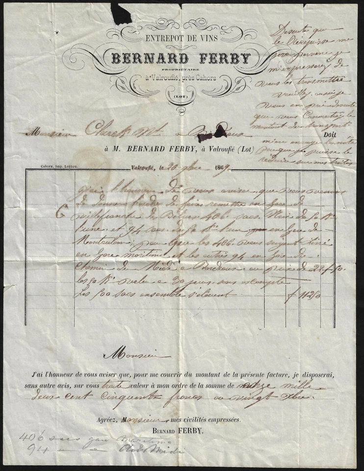 FRANCE 1869 WINE MERCHANT LETTER BERNARD FERBY VALROUFIE TO BORDEAU RETTA CANCEL - Image 2 of 2