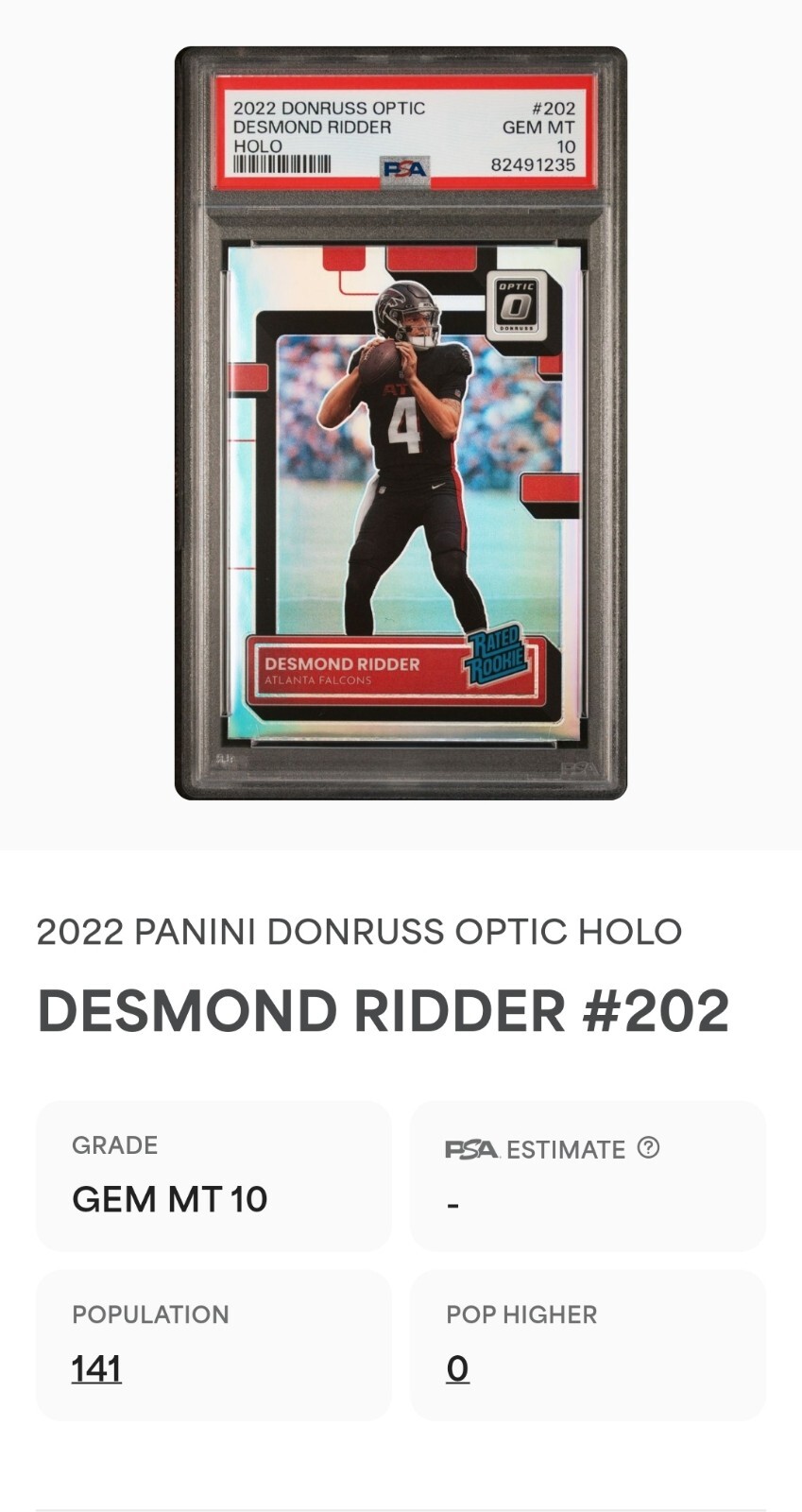 2022 Desmond Ridder Optic Rated Rookie Holo Silver PSA 10