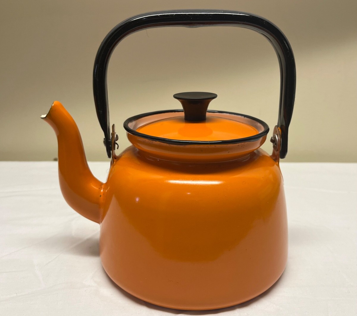 Huta Selesia Vintage enamelware teapot orange with lid made in Poland