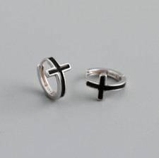 Women Men 925 Sterling silver Hoop Huggie Enamel Cross Stud Earrings 12mm K38