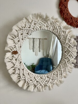 Makramee Weiß Spiegel Mandala 50cm Handarbeit Wandhänger Böhmisch