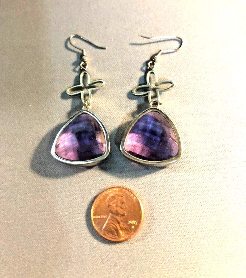 Pendientes Cincel Grande Acero Inoxidable Sintético Amatista Vidrio Corte 22mm NUEVO Foto 4 de 4