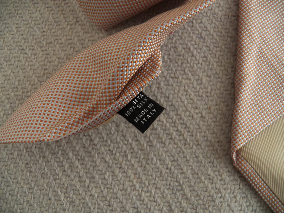 Luigi Borrelli Napoli Silk Necktie seven fold orange silver micro check dot tie - Image 4 of 4