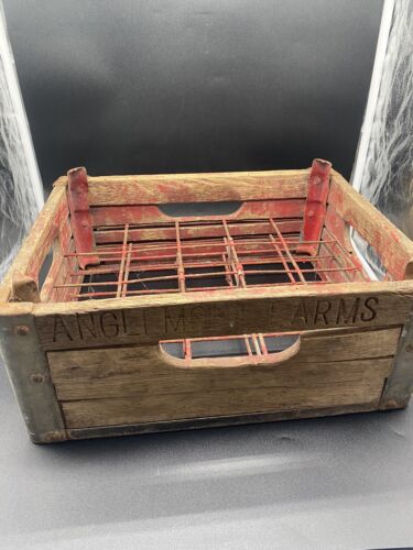 Caja de botellas de leche de madera vintage Anglewood Farms Ohio Primitive usada