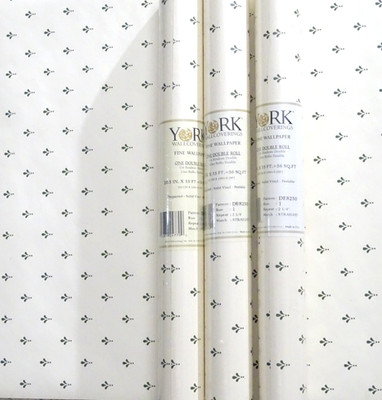 3 Rolls Skinny Green Fleur De Lis Off White Pre-pasted Wallpaper 168 Sq Ft