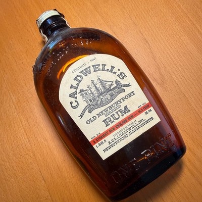 Vintage Caldwell s Old Newburyport Rum Bottle Pint Amber Embossed Ship Label