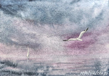 Original Artwork Modern Painting Landscape BIRD SEAGULL SKY Seascape Art Gift A5