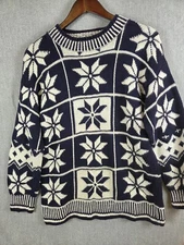 Vintage Esprit Sweater L Geometric Snowflake Navy Fair Isle Nordic Preppy Retro
