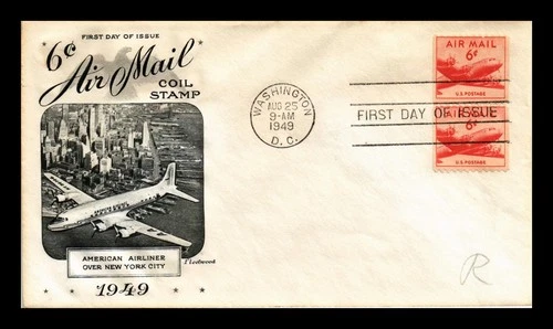 FLEETWOOD US COVER FIRST DAY OF ISSUE 6C AIRMAIL COIL STAMP 1949