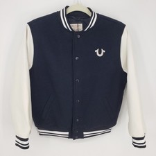 True Religion Varsity Jacket Kids Boys Size L 14 16 Faux Leather Black Cream NEW