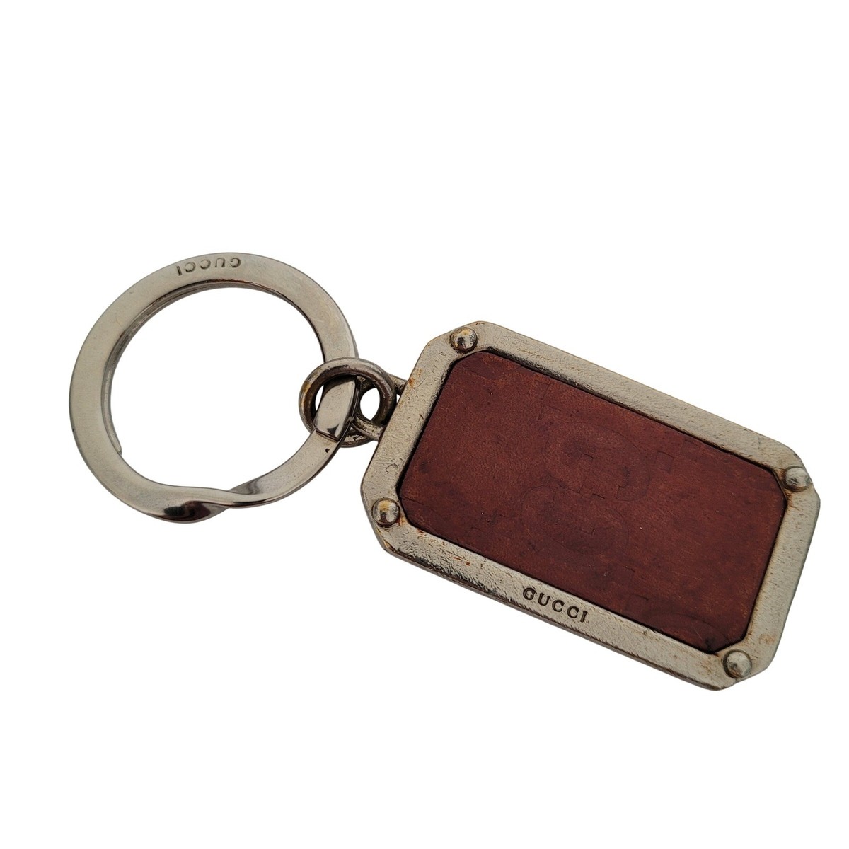 GUCCI ブラウンレザー キーホルダー Gucci Vintage Silver Tone Brown Leather GG Logo Charm Ring
