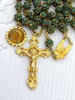 Vtg Medjugorje Beads Golden Rosary Catholic Green Rhinestone Necklace Cross — photo 3