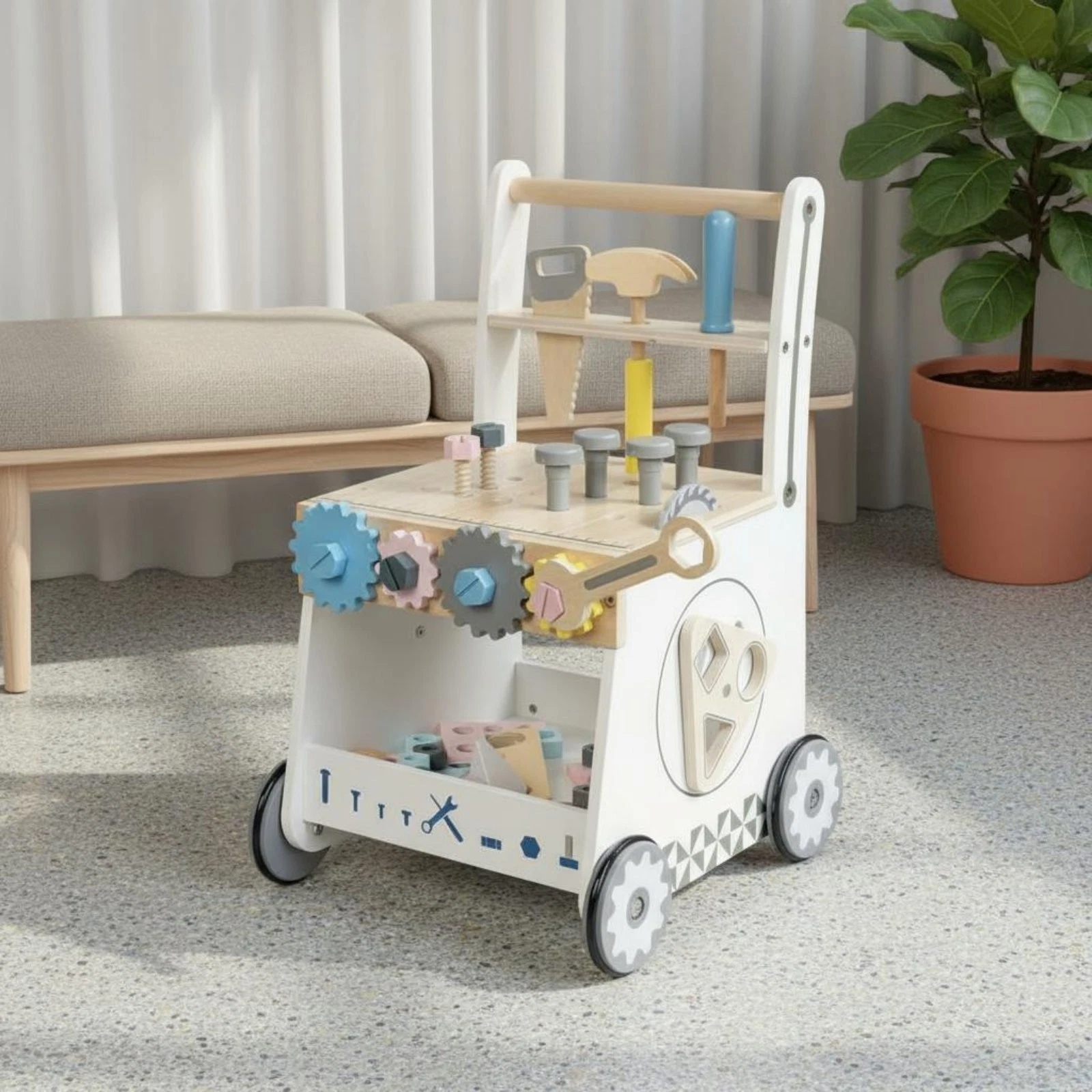 Tool Wagon Pusher Sturdy Wood Construction Wooden Infant Push Toy for Infants