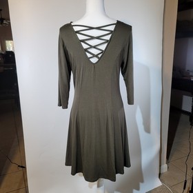 NUON Olive Green Long Sleeve Criss Cross Lace Up Back Mini Dress Size XL