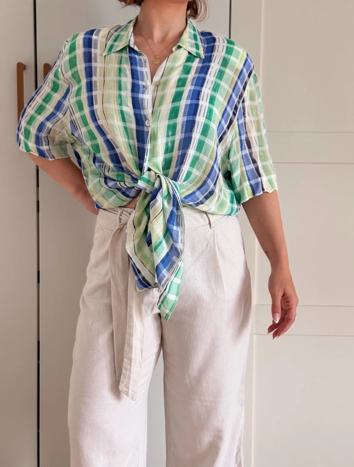 Vintage Oversize Sommerbluse XL | Blau Grün kariert | Urlaub | Beach | Bonita - Bild 1 von 4