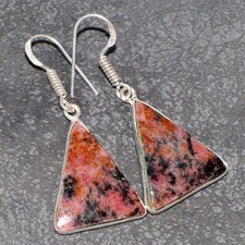 Rhodonite 925 Silver Plated Gemstone Earrings 1.6" Aesthetic Jewellery AU G879