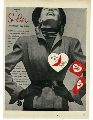 1946 Louis Philippe Sun Bird Red Lipstick Make-Up Vintage Print Ad