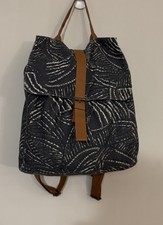 Boho Canvas Backpack Purse Gray Cream Abstract Print Drawstring Minimalist