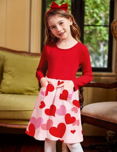 Little Girls Dress Long Sleeve Solid Color Casual Skater Pocket Dress Red Hea... - Picture 6 of 6