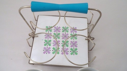 Mid Century Mod Atomic Retro Rossini Japan Purple Green Flower Mugs & Carrier - Picture 10 of 12