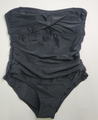 Kona Sol Black Tummy Control Full Coverage 1 Pc Bandeau Swimsuit Size L 12-14