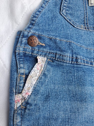 OshKosh B'gosh Denim Bib Overall Girls 24M Blue With Floral Leg Cuffs And Trim - Picture 5 of 9