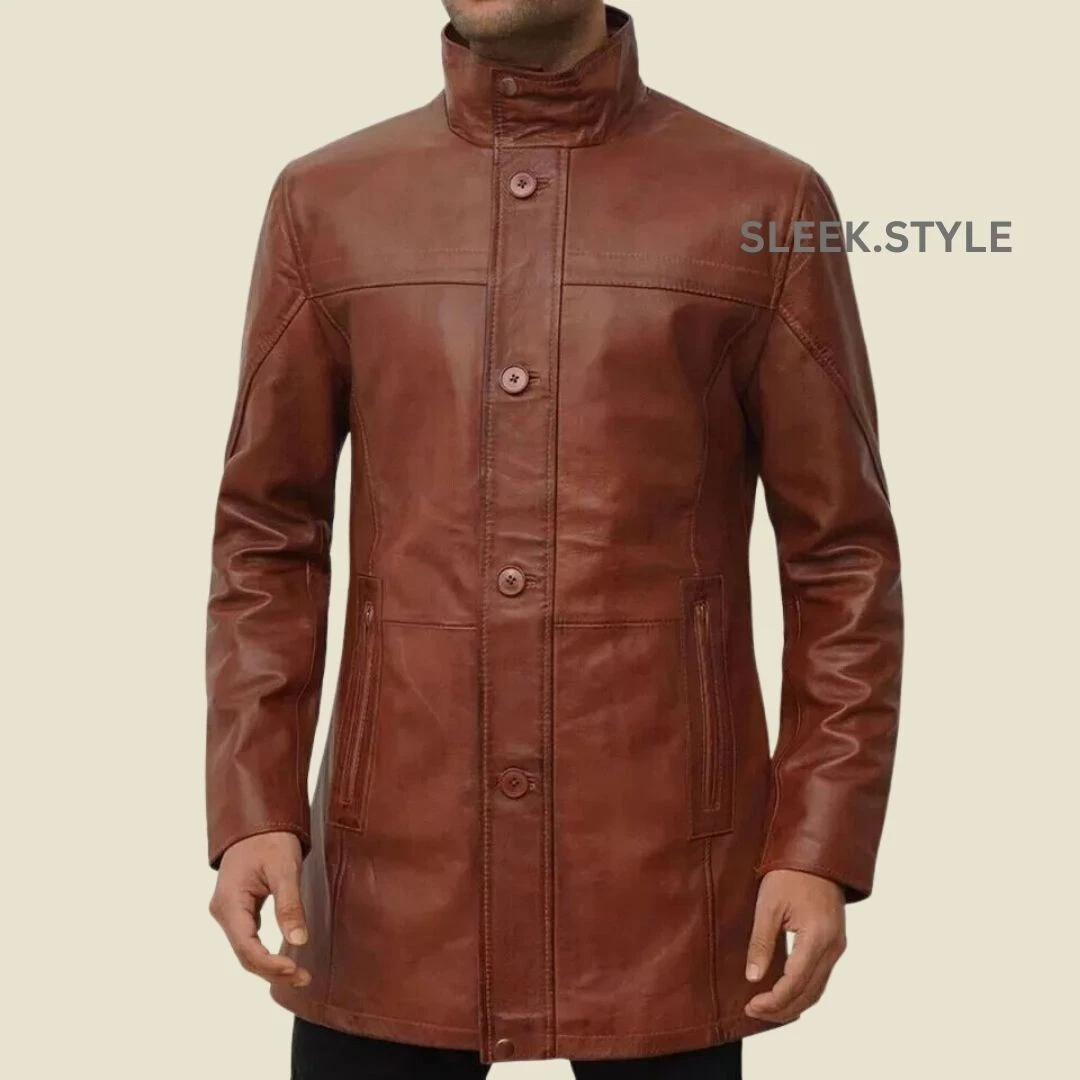Modern Classic Style Mens Leather Trench Coat Winter Ready Long Fashionable Wear