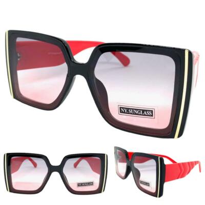 Oversize Classy Elegant Retro SUNGLASSES Large Black & Red Frame Light Tint Lens