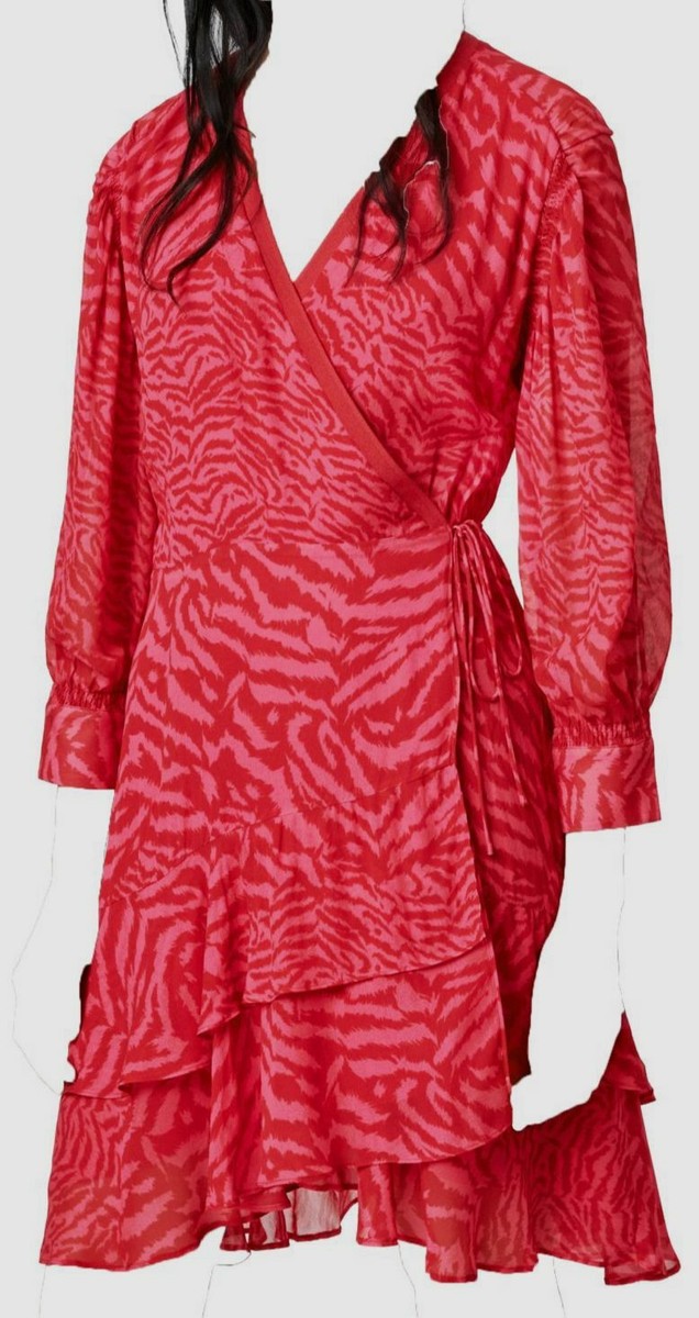 all saints red wrap dress All Saints Dela Jasmine Red Floral Hi Low Flutter Sleeve Maxi Wrap Dress Size 4