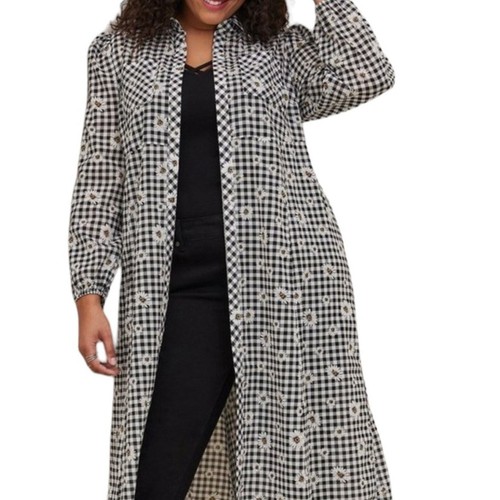 Plumero Kimono Torrido Talla M Negro Blanco Cuadros Estampado Margaritas Algodón Manga Larga - Imagen 4 de 7