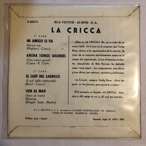 LA CRICCA - MI AMIGO SE VA - SPANISH 7 ̈SINGLE, PS, LATIN ROCK - Bild 2 von 4