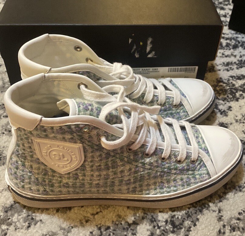 Sneakers medie Saint Laurent Bedford in tweed e pelle parma turchese taglia 38