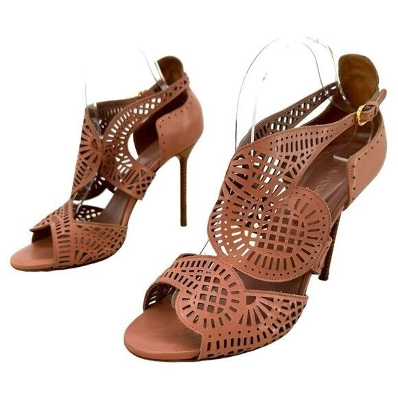 Sergio Rossi | 40.5 Brown Leather Laser Cutout Stiletto Heels Peep