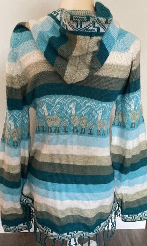 Alpaka Boho Wolle blau, weiß, beige Streifen Pullover Hoodie Erwachsene Medium Made in Peru - Bild 9 von 12
