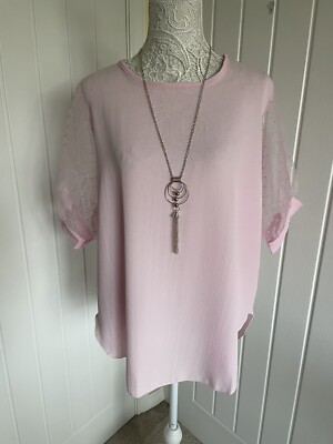 QUIZ DAMEN ROSA TRANSPARENTE ÄRMEL BLUSE MIT HALSKETTE GRÖßE UK 16 NEU MIT ETIKETT