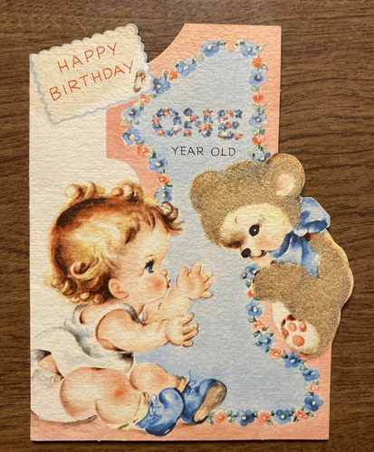 Tarjeta de feliz cumpleaños vintage de los años 40 1 año bebé niño alcanzando oso de peluche P2D - Imagen 20 de 20