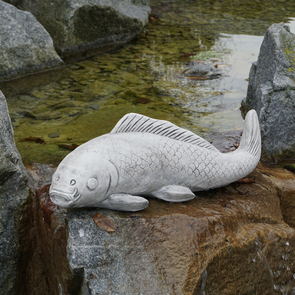 Koi Carp Fish Stone Figure 22x68cm Grey 18kg Concrete Frost