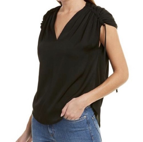 Vince ruched shoulder silk top size XS black blouse NEW $265 - Picture 2 of 11