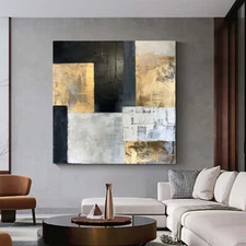 Black yellow hand painted abstract oil painting on canvas modern wall art decor