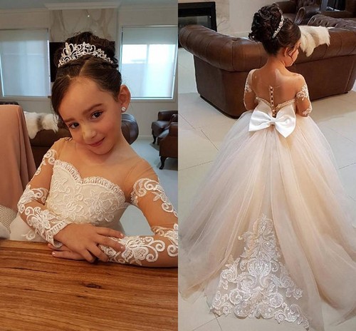 Manga Larga Encaje Flores Niña Vestido niños Concurso Dama Boda Baile de  graduación fiesta | eBay