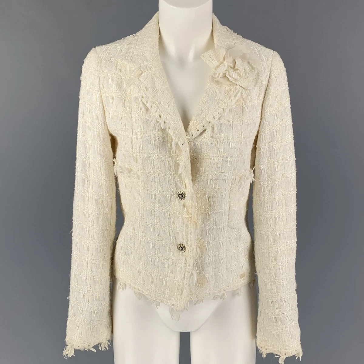CHANEL AL639 05C Size 4 Cream Boucle Cotton Blend Jacket