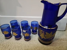 Vintage Hand Made Bohemia Crystalex Czech Cobalt Blue & Gold Pitcher & 6 Glasses
