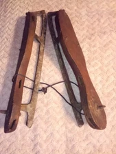 Primitive Antique Ice Skates Wood Forged Iron 1800's Original Red Paint 9" Folk