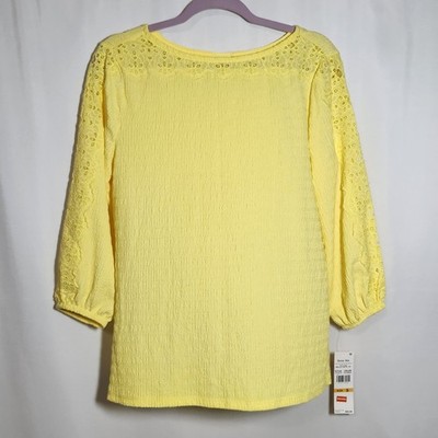 Ruby Rd Women's Size Small Long Sleeve Yellow Eyelet Gauzy Blouse Top Spring