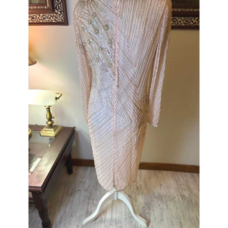 Vestido Oleg Cassini Cuentas Lentejuelas Seda Rayón Talla 6 8 Fiesta Cóctel Formal Foto 4 de 4